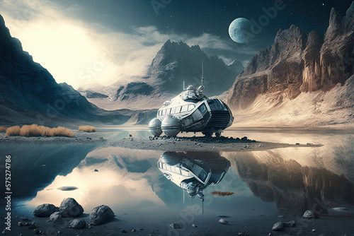 Space rover on alien planet surface, futuristic vehicle near mountain and water, generative Ai