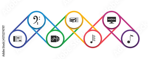 music and media filled icons with infographic template. glyph icons such as octave clef, quaver, television screen off, whole rest, album, thirty second note, eighth note vector.