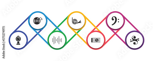 music and media filled icons with infographic template. glyph icons such as music record, french horn, clef, webcam video call, sound bars, whole, segno vector.