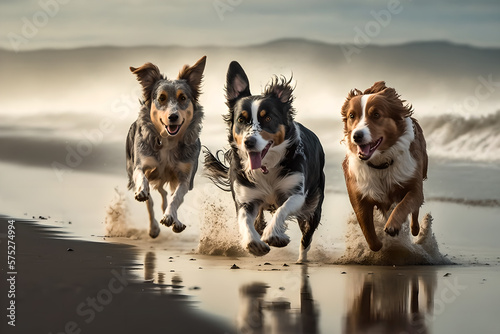 A bunch of beautiful blissfully happy dogs running along the sane and the water on the beach shore on a spring or summer sunny day. all breeds. photo
