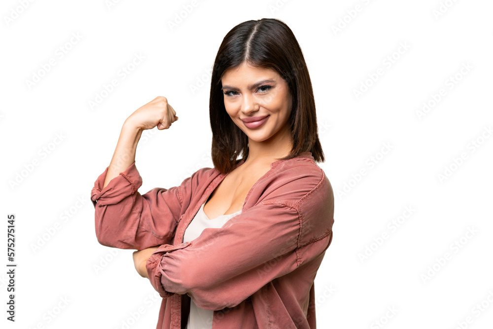 Young Russian woman over isolated chroma key background doing strong gesture Young Russian woman over isolated chroma key background doing strong gesture