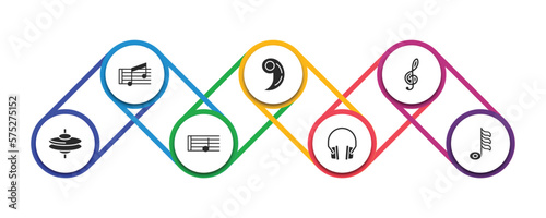music and media filled icons with infographic template. glyph icons such as beam, breath mark, treble clef, cymbal, half note, music player headphones, demisemiquaver vector.