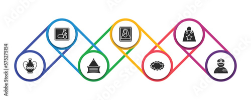 museum filled icons with infographic template. glyph icons such as still life, gioconda, souvenir, ceramic, , pop art, security guard vector.