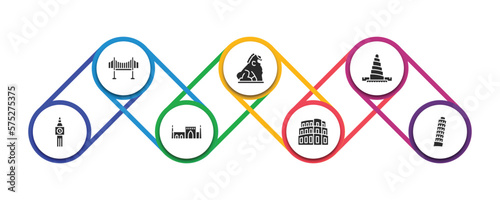 monuments filled icons with infographic template. glyph icons such as vincent thomas bridge, imperial guardian lion, great mosque of samarra, the clock tower, id kah mosque, pula arena, tower of