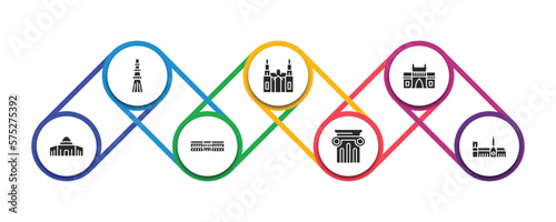 monuments filled icons with infographic template. glyph icons such as qutb minar in new delhi, cathedral, gat of india, dome of the rock, palace of versailles, greek column, notre dame cathedral