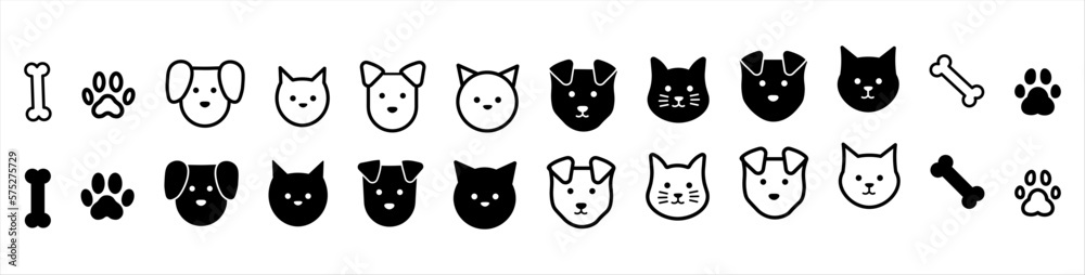 Cat, dog and paws icon. Black and white set