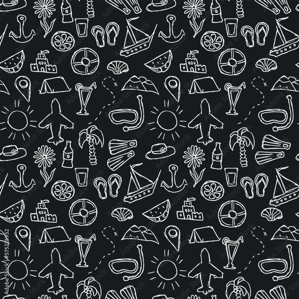 Summer seamless pattern. travel background. Travel vacation set of icons, journey and trip background. Doodle summer travel icons. Vacation vector pattern with travel icons Summer seamless pattern. travel background. Travel vacation set of icons, journey and trip background. Doodle summer travel icons. Vacation vector pattern with travel icons