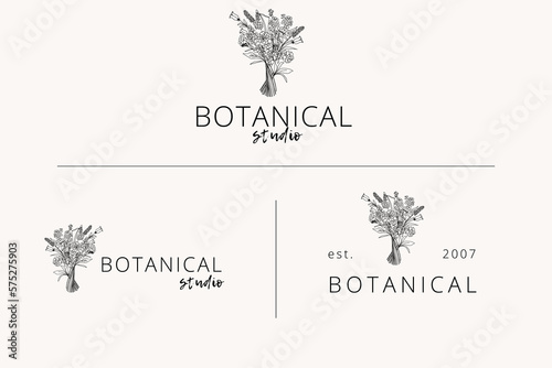 Collection of Premade Hand Drawn Logo with Wild Flower and Bouquet. Logo for spa and beauty salon, boutique, organic shop, wedding, floral designer, interior, photography, cosmetic. Floral element