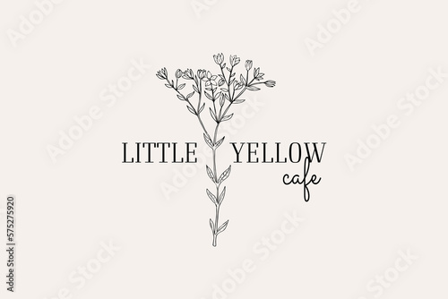 Hand Drawn Logo with Wild Flower and Leaves. Botanical element. Simple line art plant