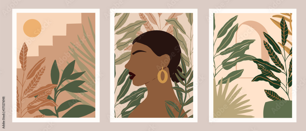 Abstract Woman portrait with Tropical plant Background. Wall art Collection. Exotic Afroamerican Female and Boho Botanical art for social media, post, card, poster, wallpaper, t-shirt, phone cases.