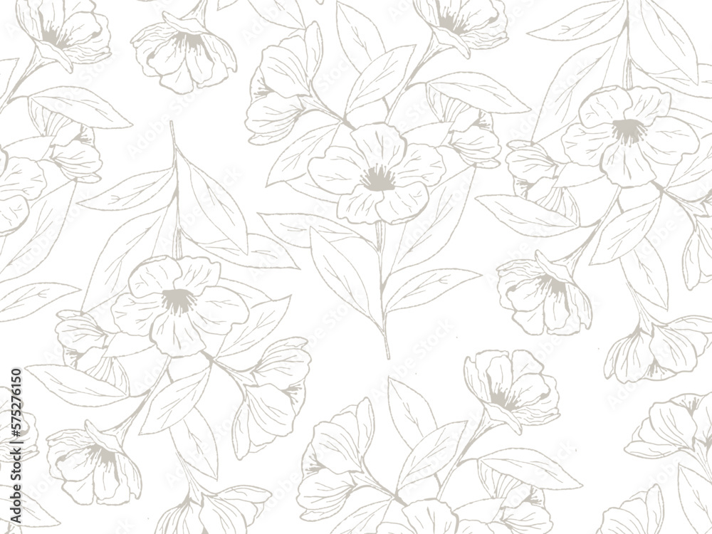 Fototapeta premium Delicate sketch Floral seamless Pattern. Hand drawn Simple floral print. Trendy pencil drawing cherry flowers. 
