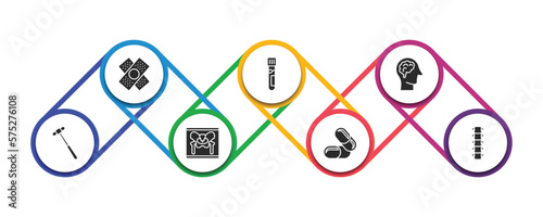 medical filled icons with infographic template. glyph icons such as bandage cross, blood analysis, brain in bald male head, medical hammer tool, x ray of bones, medicine capsules, vertebra vector.