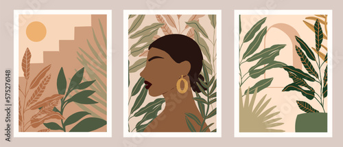Abstract Woman portrait with Tropical plant Background. Wall art Collection. Exotic Afroamerican Female and Boho Botanical art for social media, post, card, poster, wallpaper, t-shirt, phone cases.