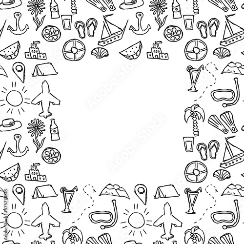 Summer seamless frame. travel background. Travel vacation set of icons, journey and trip background. Doodle summer travel icons. Vacation vector frame with travel icons