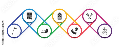 medical filled icons with infographic template. glyph icons such as tissue paper, medical history, crutches, walking stick, fit, emergency call, otoscope vector.