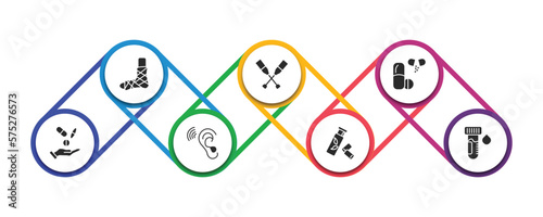 medical filled icons with infographic template. glyph icons such as plastered foot, crutch, drugs, antibiotic, ear, gum, blood sample vector.