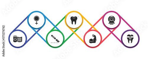 medical filled icons with infographic template. glyph icons such as female, teeth, scan, bandage, scalpel, arm, premolar vector.