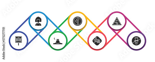 maps and flags filled icons with infographic template. glyph icons such as women hairstylist, road left side, land slide, taxi stop, mount fuji, school zone, no toileting vector.