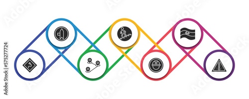 maps and flags filled icons with infographic template. glyph icons such as left side road, walking up stair, flags, curves ahead, locations, mine site, caution vector.