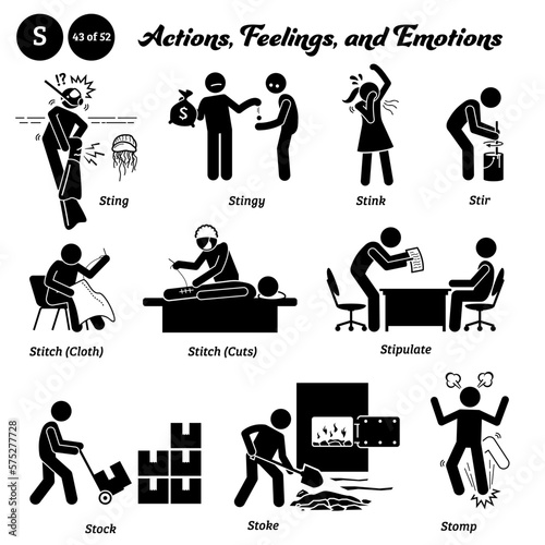 Stick figure human people man action, feelings, and emotions icons alphabet S. Sting, stingy, stink, stir, stitch, cloth, cuts, stipulate, stock, stoke, and stomp.