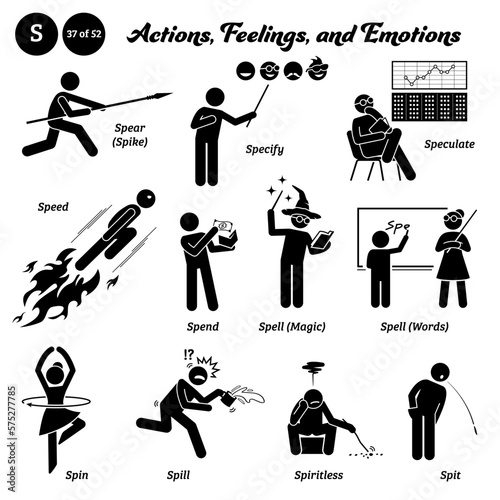 Stick figure human people man action, feelings, and emotions icons alphabet S. Spear, spike, specify, speculate, speed, spend, spell, magic, words, spin, spill, spiritless, and spit...