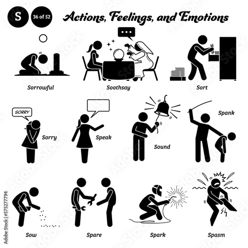 Stick figure human people man action, feelings, and emotions icons alphabet S. Sorrowful, soothsay, sort, sorry, speak, sound, spank, sow, spare, spark, and spasm. ..