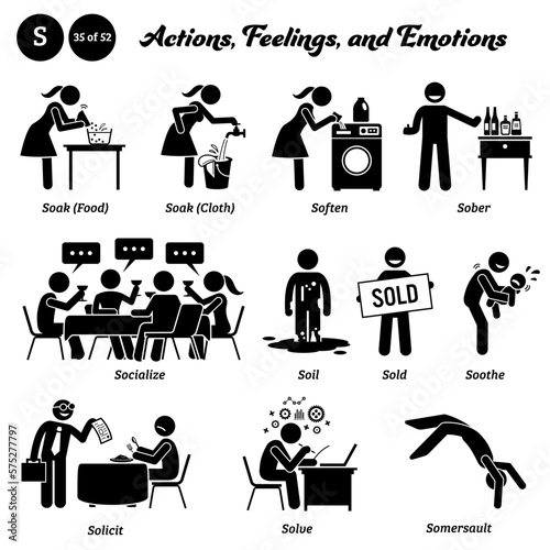 Stick figure human people man action, feelings, and emotions icons alphabet S. Soak, food, cloth, soften, sober, socialize, soil, sold, soothe, solicit, solve, and somersault...