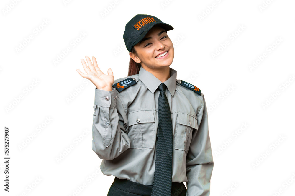 Young safeguard woman over isolated chroma key background saluting with hand with happy expression Young safeguard woman over isolated chroma key background saluting with hand with happy expression