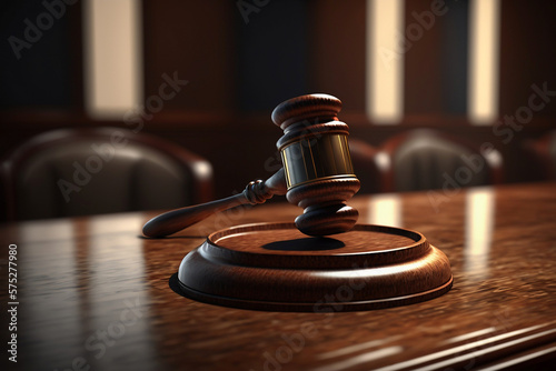 Wooden brown judge gavel, decision glossy mallet for court verdict. 3d. Law and justice system symbol. Auction hammer on the stand. Image is AI generated.