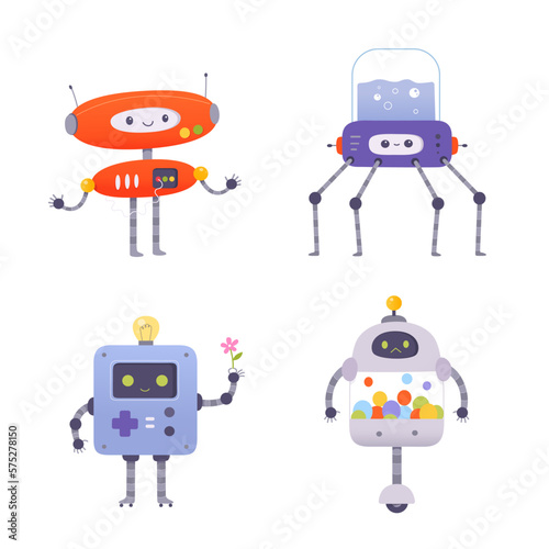 Cute robots set vector illustration. Cartoon childish collection with futuristic funny smart characters, automation machines and digital bot, android on wheels and toy cyborg with robotic arm