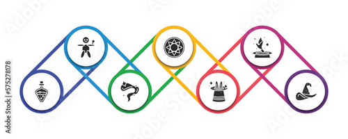 magic filled icons with infographic template. glyph icons such as voodoo doll, astral, pigeon, potion, smoke, magic trick, witch hat vector.