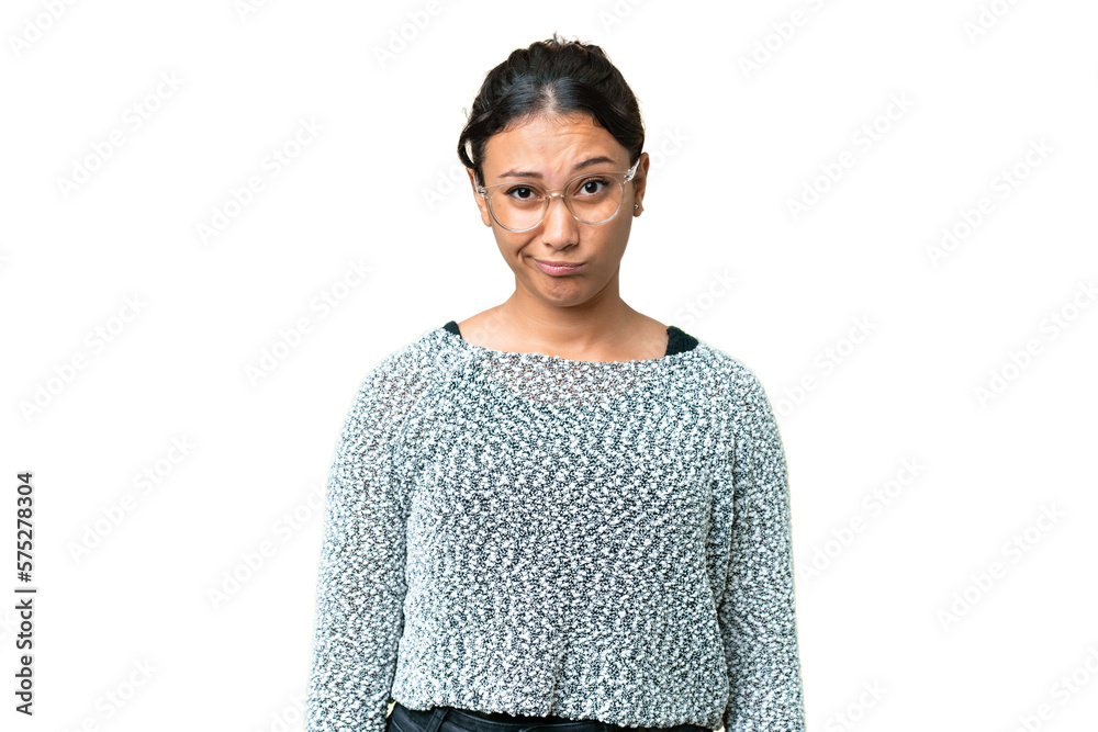 Young Uruguayan woman over isolated chroma key background with sad expression