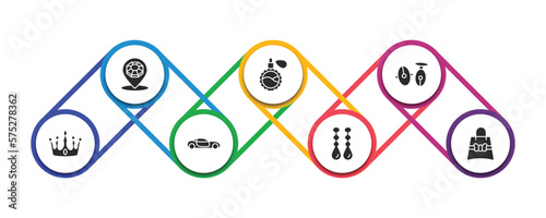 luxury filled icons with infographic template. glyph icons such as jewelry store, fragance, cufflinks, crown, lux car, earrings, gift bag vector.