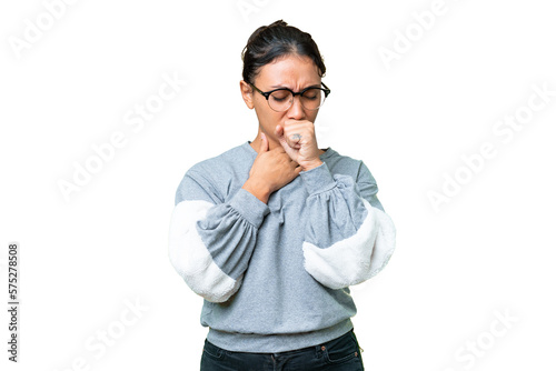 Young Uruguayan woman over isolated chroma key background coughing a lot