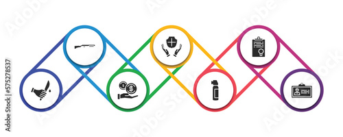 law and justice filled icons with infographic template. glyph icons such as shotgun, qualified protection, policy, murder, bribery, pepper spray, employment vector.