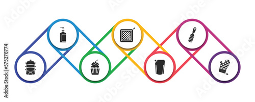 kitchen filled icons with infographic template. glyph icons such as liquid soap, kitchen mitten, grater, steamer, cupcake, ketchup, mitten vector.