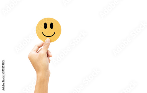 Customer showing rating feedback review with happy smile paper cut, customer satisfaction survey transparent background and PNG file