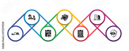 insurance filled icons with infographic template. glyph icons such as disaster, unemployed, inundation, side crash, contract coverage, marriage contract, vision insurance vector.