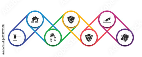insurance filled icons with infographic template. glyph icons such as flooded house, safe, overturned car, legal expenses, slippery road, problem electric, savings vector.