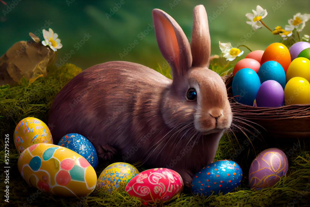 Easter eggs in straw nest with playful bunny, Ai Generative Easter eggs in straw nest with playful bunny, Ai Generative