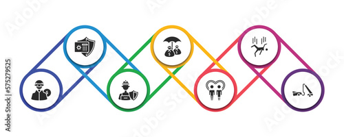 insurance filled icons with infographic template. glyph icons such as bank safe, investment insurance, falling, robbery, construction risk, family care, towed car vector.