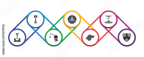 industry filled icons with infographic template. glyph icons such as piston, chemical weapon, hinery, crusher, fuel filling, electric saw, timing belt vector.