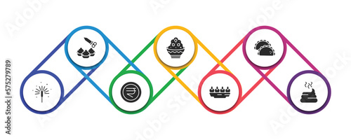 india and holi filled icons with infographic template. glyph icons such as holi, phirni, gujjia, sparkler, nakatheng, sandesh, dung vector.