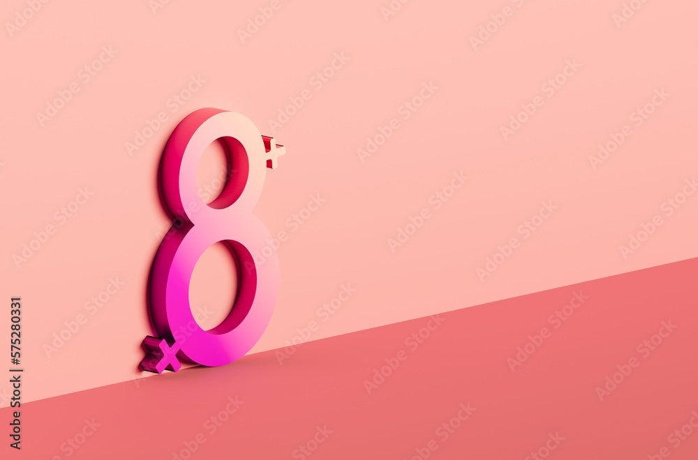 3D render International Women's Day. Metallic volumetric number 8, gradient color. Female sign. 3d illustration with place for your text. 3D render International Women's Day. Metallic volumetric number 8, gradient color. Female sign. 3d illustration with place for your text.