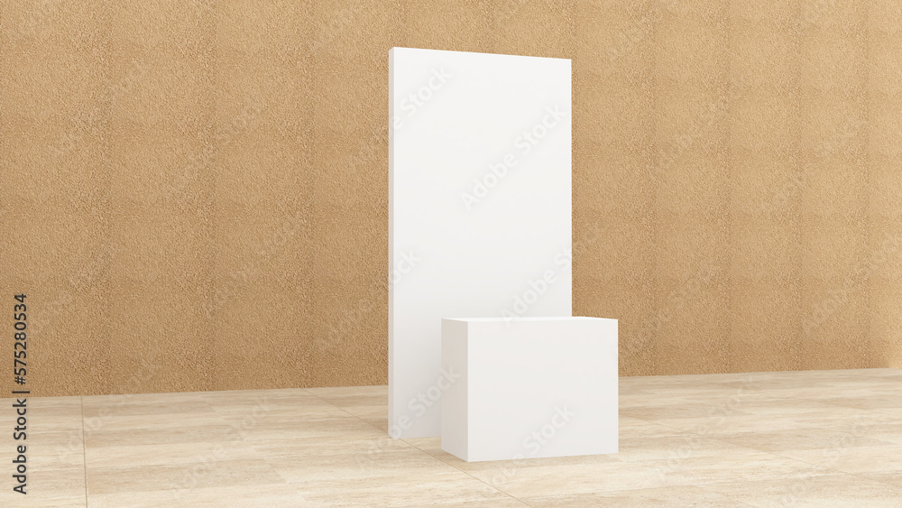 Obraz na plátně 3d rendering of Blank empty white panel, side view of Help Desk or Reception Desk, and Registration desk in hotel reception or pre-function area for mockup
