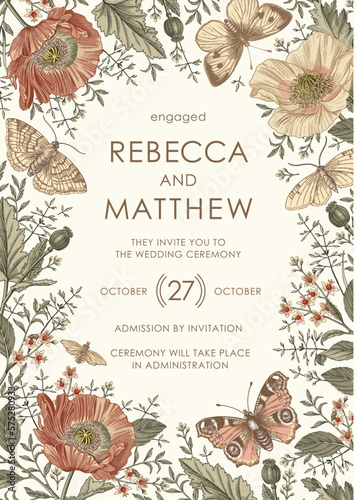 Butterflies Peacock moth insect fly Greeting invitation card wedding Beautiful frame label Set Flowers Poppy Poppies realistic Engraving drawing Freehand wreath. Vector victorian style Illustration   