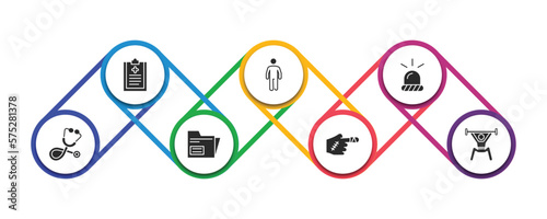 health and medical filled icons with infographic template. glyph icons such as medical checklist, body, emergency, phonendoscope, records, injury, weightlifting vector.