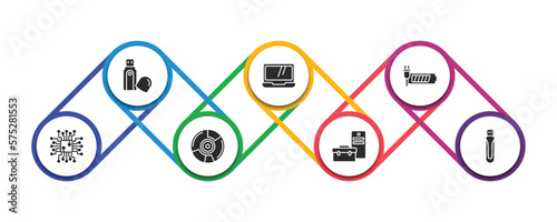 hardware filled icons with infographic template. glyph icons such as pendrive with cover, laptop screen, recharge, circuits, , device manager, usb flash vector.