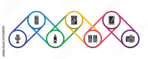 hardware filled icons with infographic template. glyph icons such as keypad phone, harddrive, big tablet, radio mic, flash card, two stereo speakers, big camera vector.