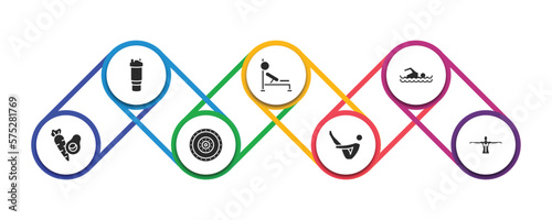 gym and fitness filled icons with infographic template. glyph icons such as protein shake, barbell bench press, man swimming, fitness food, weight drive, abdominal exercises, anatomy vector.